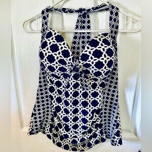 Navy and Cream Off White Top Halter Geometric Swimsuit Top. Size Large